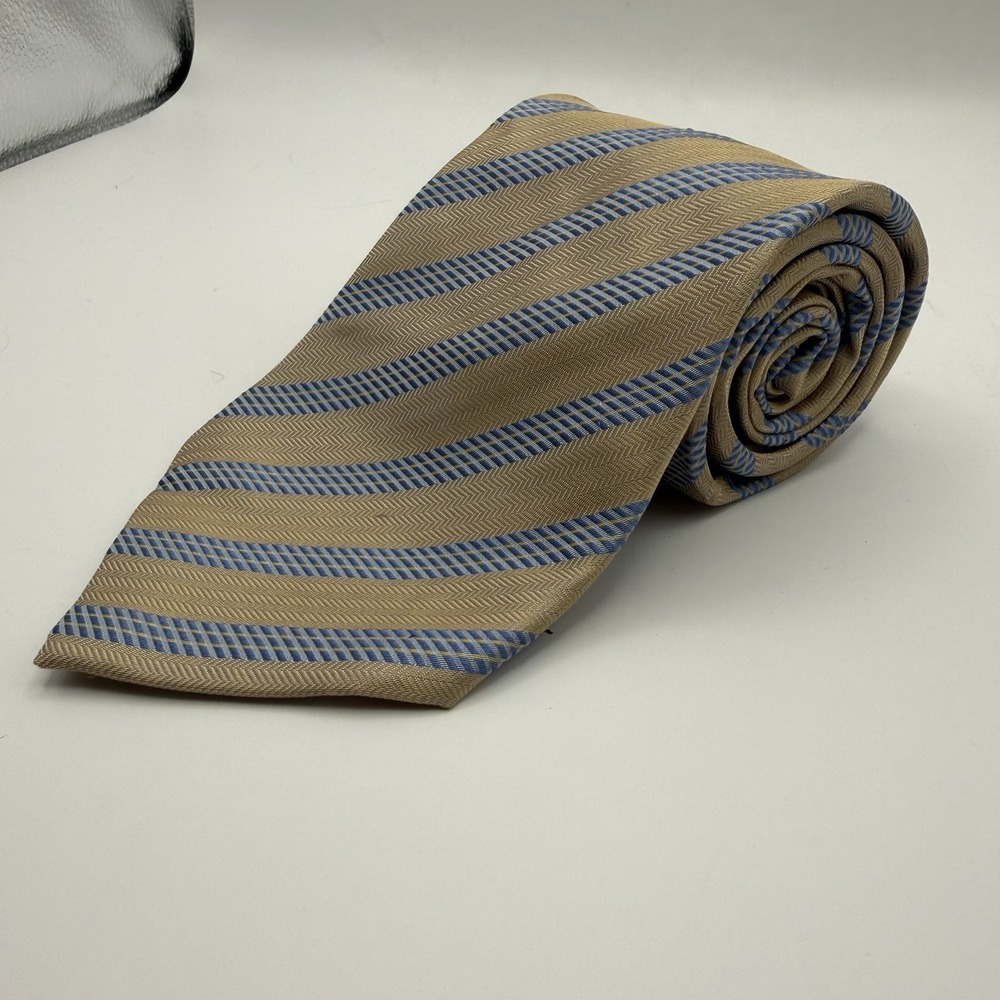 Ted Lapidus Paris Silk Tie Beige Blue Striped Herringbone Vintage Necktie